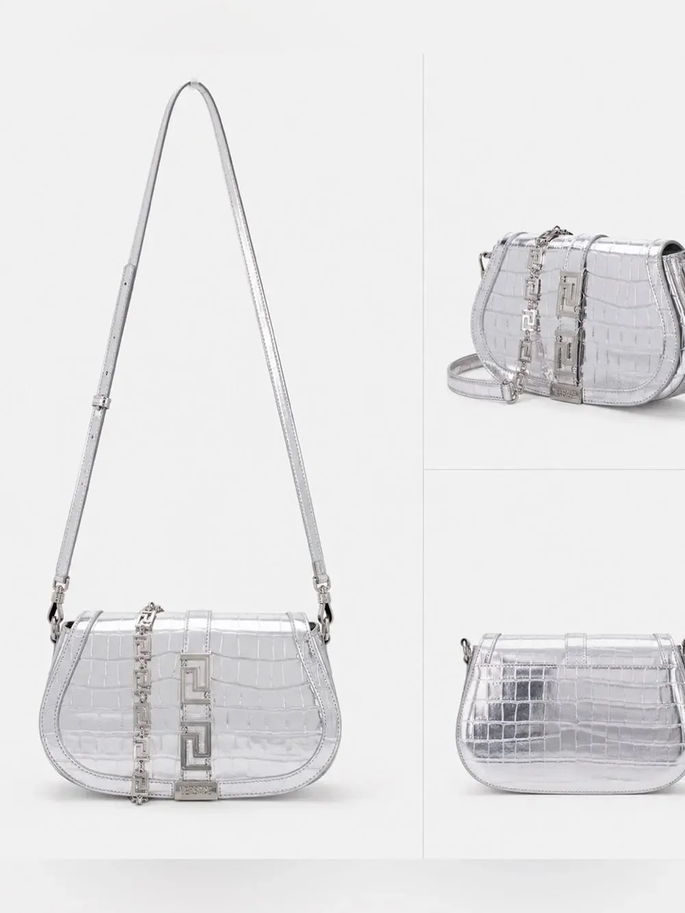Versace Garcia Croc-Embossed Leather Shoulder Bag Silver New 2900$